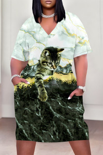 Cyan Gray Street Animal Print Flowers Letters Pocket Contrast V Neck Printed Plus Size Dresses