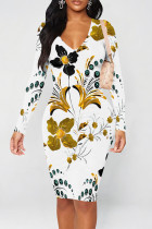 White Elegant Floral Print Contrast V Neck Printed Dresses