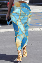Baby Blue Casual Print Patchwork Regular Mid Waist Full Print Bottoms