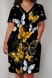 Black White Street Animal Print Flowers Letters Pocket Contrast V Neck Printed Plus Size Dresses