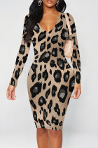 Brownness Sexy Camouflage Print Leopard Contrast V Neck Printed Dresses