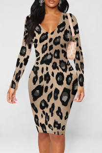 Brownness Sexy Camouflage Print Leopard Contrast V Neck Printed Dresses