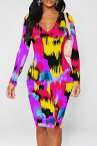 Fuchsia Street Geometric Print Heart Pattern Contrast V Neck Printed Dresses
