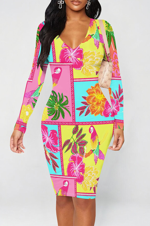 Pink Yellow Street Graffiti Print Contrast V Neck Printed Dresses