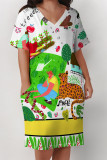 Black White Street Animal Print Flowers Letters Pocket Contrast V Neck Printed Plus Size Dresses