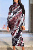 Red Street Stripe Splashed ink printing Contrast Half A Turtleneck Printed Dresses