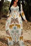 Colour Elegant Plaid Floral Print Pocket Contrast V Neck Printed Dresses