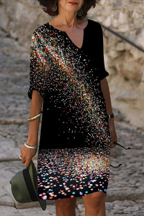 Black Casual Geometric Print Flowers Contrast V Neck Printed Dresses