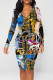 Blue Gold Street Graffiti Print Chain print Contrast V Neck Printed Dresses