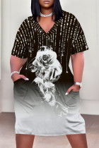 Black White Street Animal Print Flowers Letters Pocket Contrast V Neck Printed Plus Size Dresses