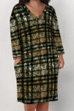 Grey Street Plaid Pocket Patchwork Contrast V Neck Printed Plus Size Dresses