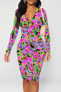 Purple Elegant Floral Print Contrast V Neck Printed Dresses