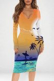 Pink Yellow Street Graffiti Print Contrast V Neck Printed Dresses