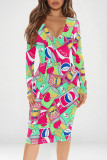 Pink Yellow Street Graffiti Print Contrast V Neck Printed Dresses
