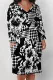 Brown Street Plaid Flowers Pocket Contrast V Neck Printed Plus Size Dresses