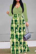 Light Green Casual The stars Leaves Lace Up Contrast V Neck Printed Dresses