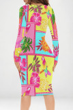 Pink Yellow Street Graffiti Print Contrast V Neck Printed Dresses