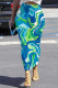 Turquoise Casual Print Patchwork Regular Mid Waist Full Print Bottoms