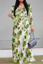 White Green Casual The stars Leaves Lace Up Contrast V Neck Printed Dresses