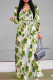 White Green Casual The stars Leaves Lace Up Contrast V Neck Printed Dresses