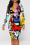 Pink Yellow Street Graffiti Print Contrast V Neck Printed Dresses