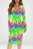 Multicolor Casual Geometric Print Contrast V Neck Printed Dresses