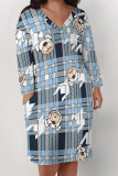 Brown Street Plaid Flowers Pocket Contrast V Neck Printed Plus Size Dresses