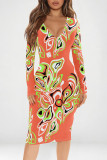 Multicolor Casual Geometric Print Contrast V Neck Printed Dresses