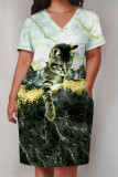 Black White Street Animal Print Flowers Letters Pocket Contrast V Neck Printed Plus Size Dresses