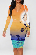 Orange Street Graffiti Print Contrast V Neck Printed Dresses