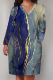 Blue Casual Striped Print Pocket Contrast V Neck Printed Plus Size Dresses