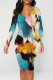 Blue Elegant Floral Print Contrast V Neck Printed Dresses