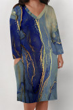 Blue Casual Striped Print Pocket Contrast V Neck Printed Plus Size Dresses