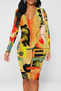 Ginger Elegant Floral Print Contrast V Neck Printed Dresses