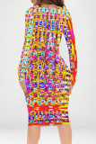 Multicolor Casual Geometric Print Contrast V Neck Printed Dresses