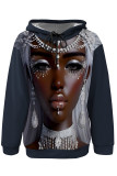 Navy Blue Street Figure Print Draw String Pocket Hooded Tops