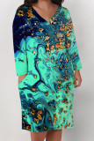 Blue Casual Striped Print Pocket Contrast V Neck Printed Plus Size Dresses