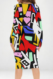 Pink Yellow Street Graffiti Print Contrast V Neck Printed Dresses