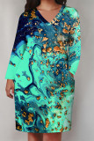 Blue Casual Striped Print Pocket Contrast V Neck Printed Plus Size Dresses