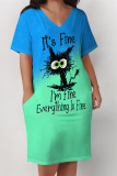 Black White Street Animal Print Flowers Letters Pocket Contrast V Neck Printed Plus Size Dresses