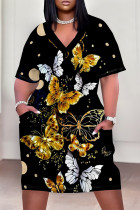 Black Street Animal Print Flowers Letters Pocket Contrast V Neck Printed Plus Size Dresses