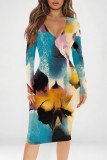 Deep Blue Elegant Floral Print Contrast V Neck Printed Dresses