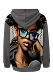 Navy Blue Street Figure Print Draw String Pocket Hooded Tops