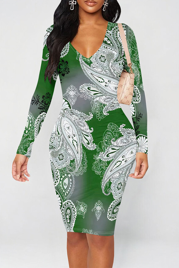 Green Street Graffiti Print Contrast V Neck Printed Dresses