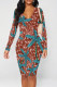 Red-brown Street Graffiti Print Chain print Contrast V Neck Printed Dresses