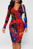 Red Street Geometric Print Heart Pattern Contrast V Neck Printed Dresses