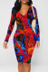 Red Street Geometric Print Heart Pattern Contrast V Neck Printed Dresses