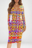 Multicolor Casual Geometric Print Contrast V Neck Printed Dresses