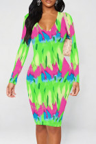 Green Casual Geometric Print Contrast V Neck Printed Dresses