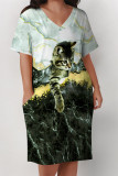 Black White Street Animal Print Flowers Letters Pocket Contrast V Neck Printed Plus Size Dresses
